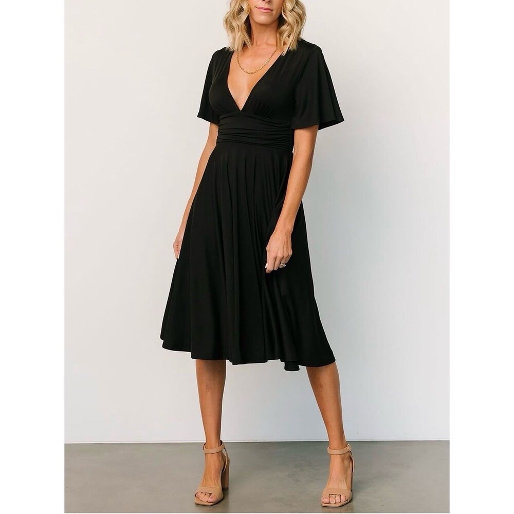 NWT Baltic Born Janette Midi Dress Size Medium Black Flutter Sleeve Ruched Waist